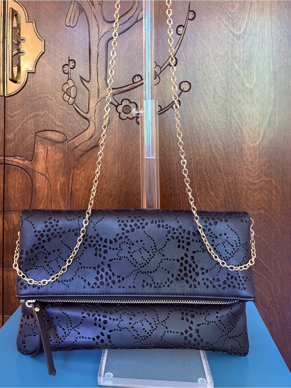 Urban Expression Laser-Cut Foldover Clutch in Black